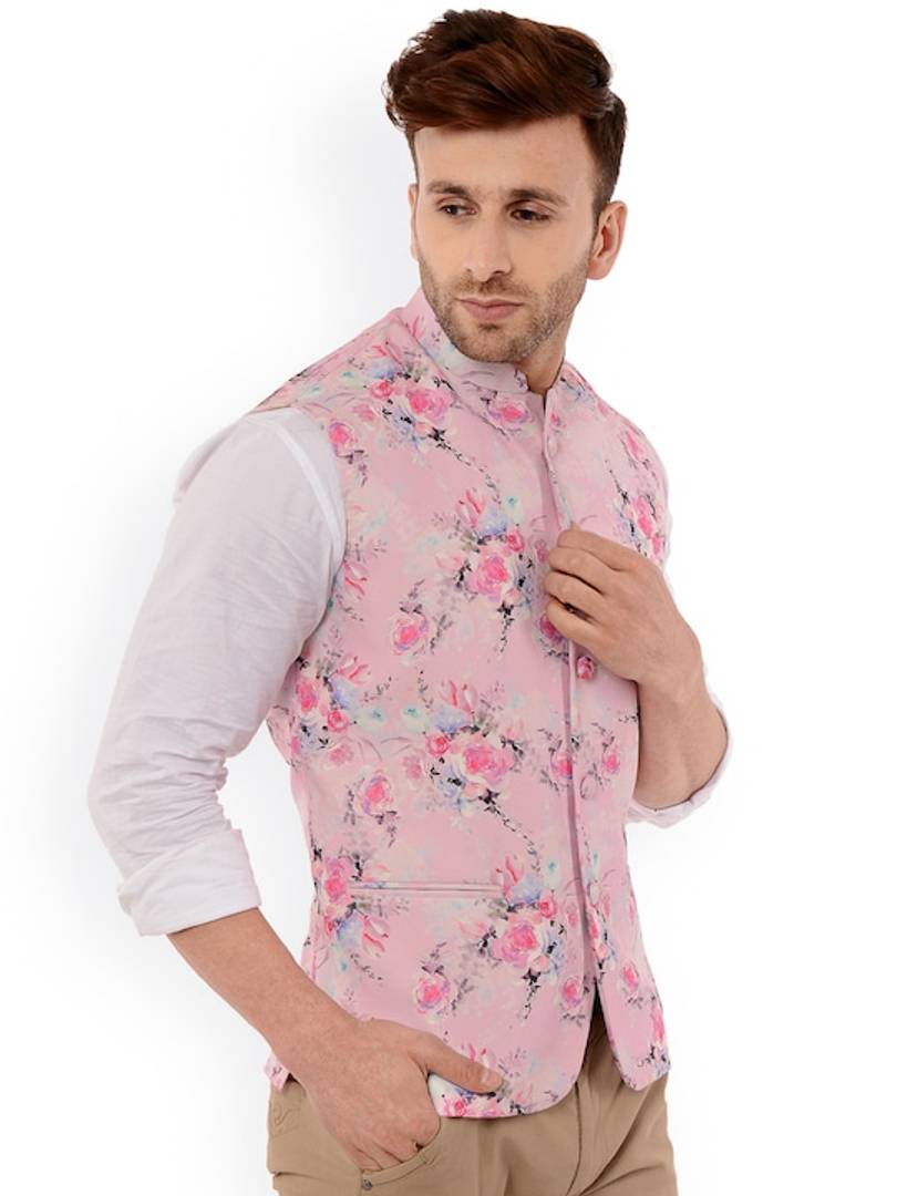 Men's Pink 
Cotton Blend
 Printed Nehru Jackets